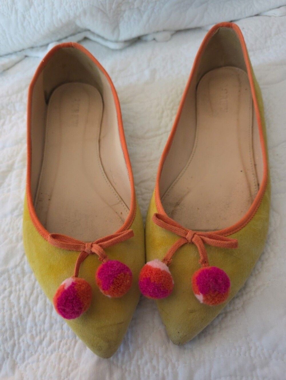 J. Crew Yellow Suede Pointed Ballet Flats with Pink-Orange Pom Poms